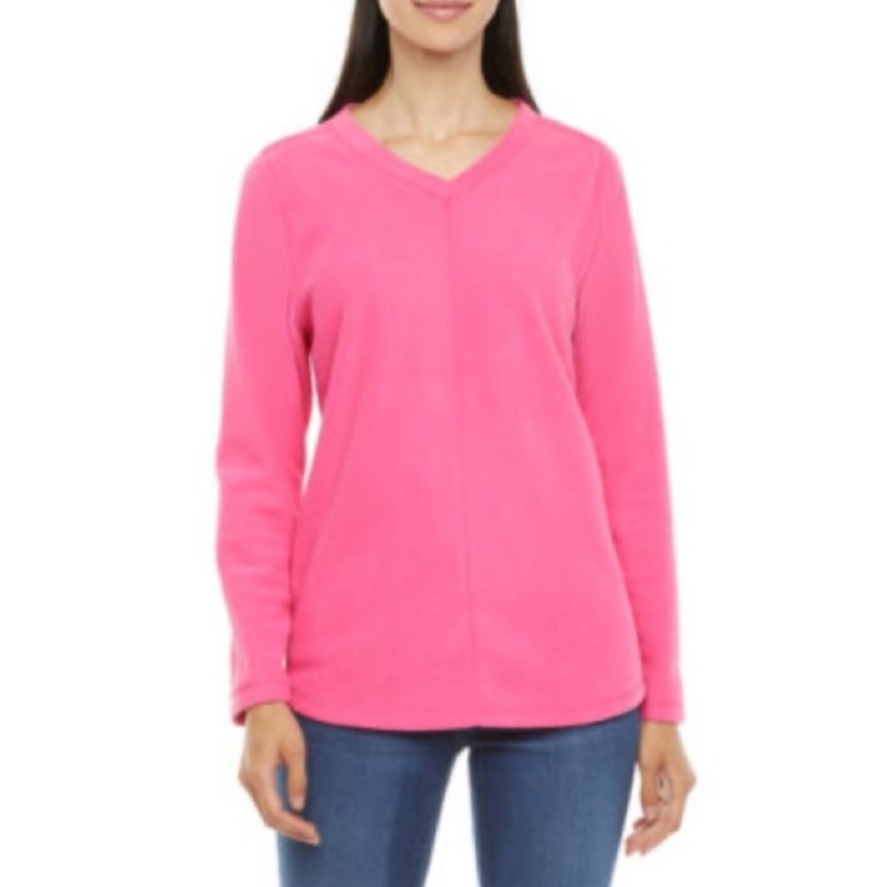 ST. JOHNS'S BAY | Women's Shocking Pink Fleece V-neck Sweater